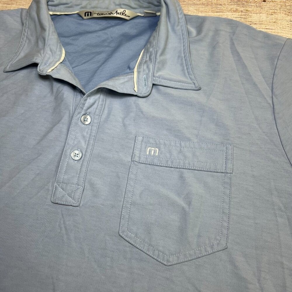 TravisMathew Polo Shirt Mens XL Light Blue Pima Cotton Blend Chest Pocket Logo - Picture 11 of 13
